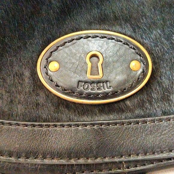 Fossil Genuine Black LEATHER and Calf Hair Bag Purse Crossbody Satchel Y2K - Picture 9 of 12